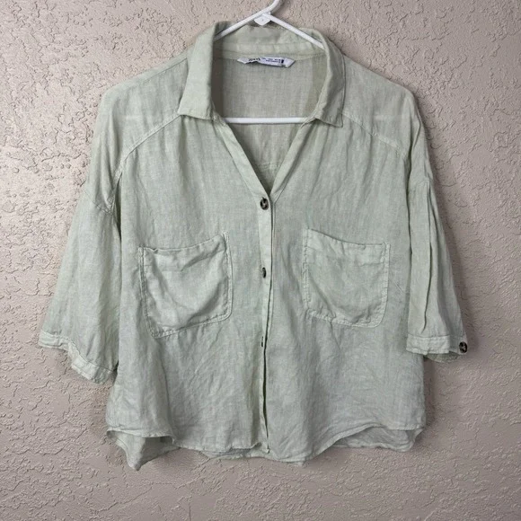 ZARA Womens 100% Linen Top Cropped Button Up Size L  Pockets Lagenlook Slouchy - Picture 9 of 9